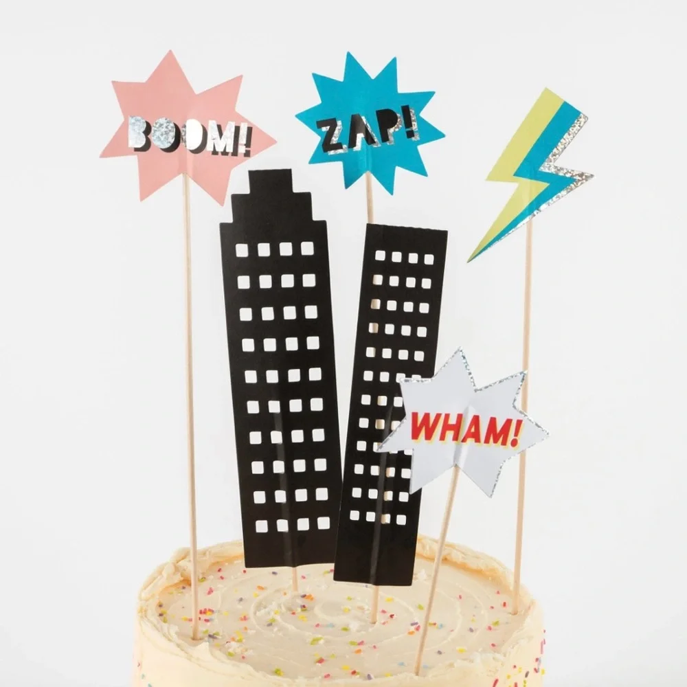 ♥️… MERI MERI Superhero Cake Topper Set - Black and White